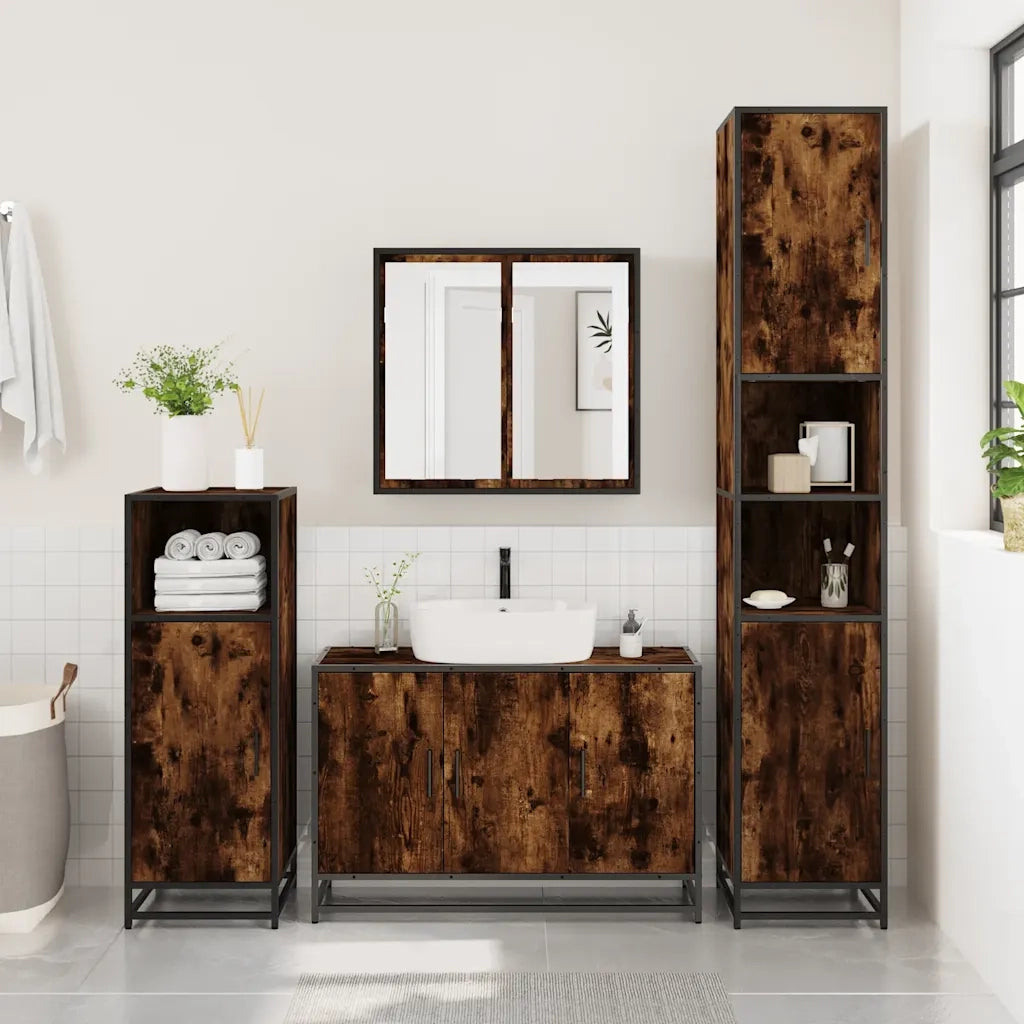 Set Mobili da Bagno 3 pz Rovere Fumo in Legno Multistrato