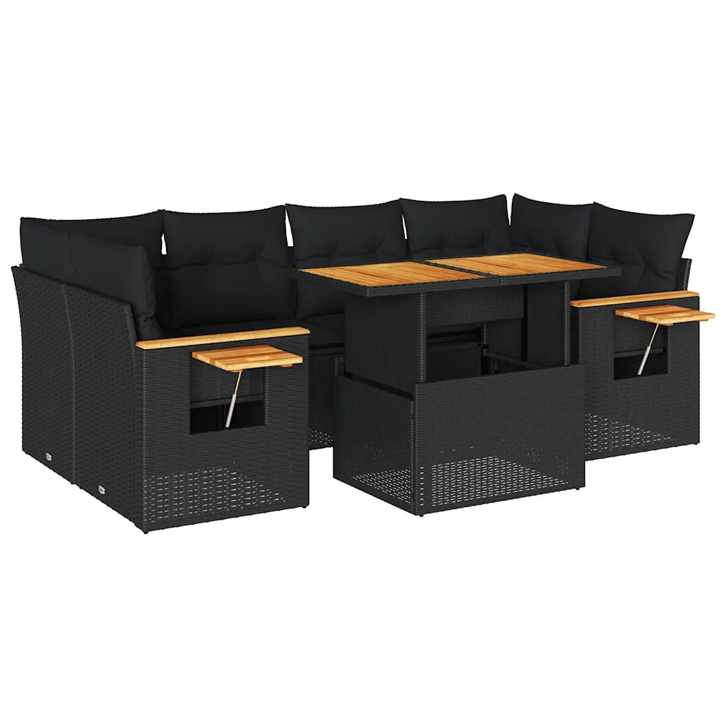 Set Divani da Giardino con Cuscini 7pz Nero Polyrattan Acacia