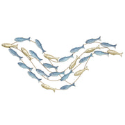 Wall Art Banco di Pesci 99,7x3,8x50,2 cm in Metallo con Viti Incluse Oro e Blu