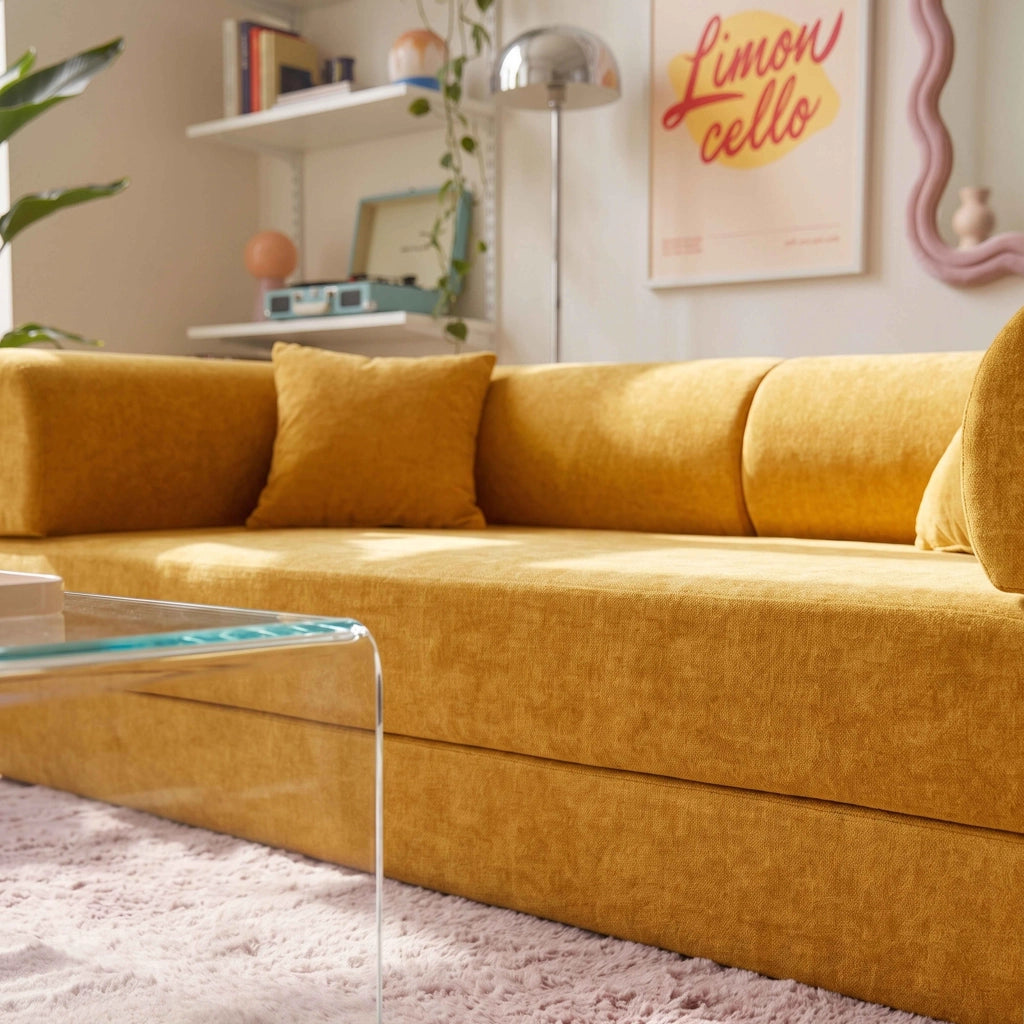 Oviala - Divano letto 2 posti in tessuto con cuscini modulari giallo L 204 cm