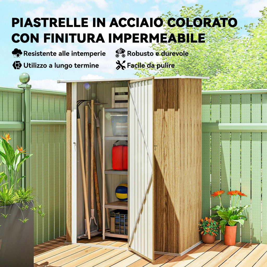 Capanno Porta Attrezzi in Metallo con Tetto Inclinato e Porta Bloccabile, 142x86x189 cm, color Legno