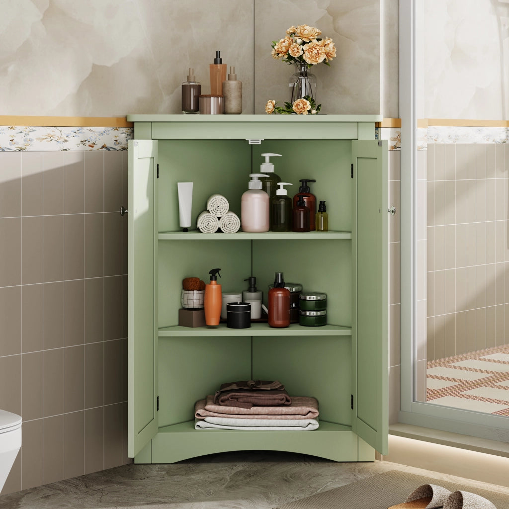 Armadietto angolare da bagno con 2 ante e 3 vani, in MDF laccato, verde, per bagno cucina soggiorno, 61,5 × 80 cm