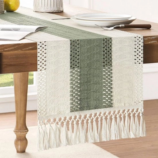 Tavolo da pranzo a tre colori, verde/crema, tavolo da pranzo bohemien saliggrosso, 183 cm di lunghezza, decorazione da interni a intreccio rurale