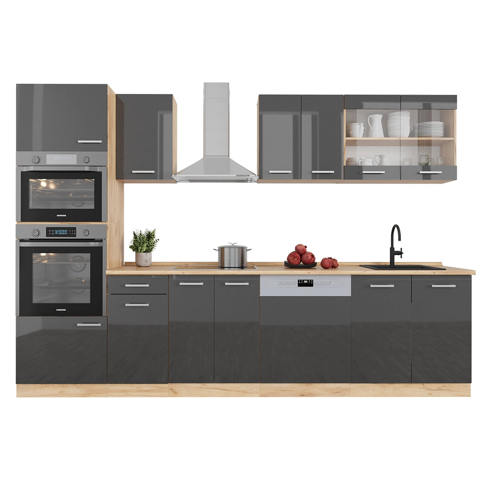 Cucina componibile R-Line Antracite lucido/Rovere dorato 300 cm con armadio alto, PL Marmo Vicco