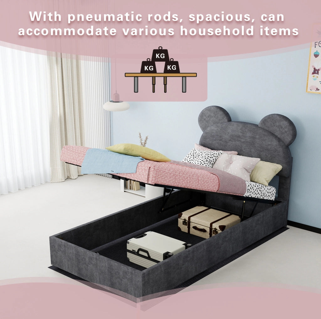 Letto imbottito 90x200 cm con contenitore a sollevamento pneumatico; tessuto e metallo; grigio