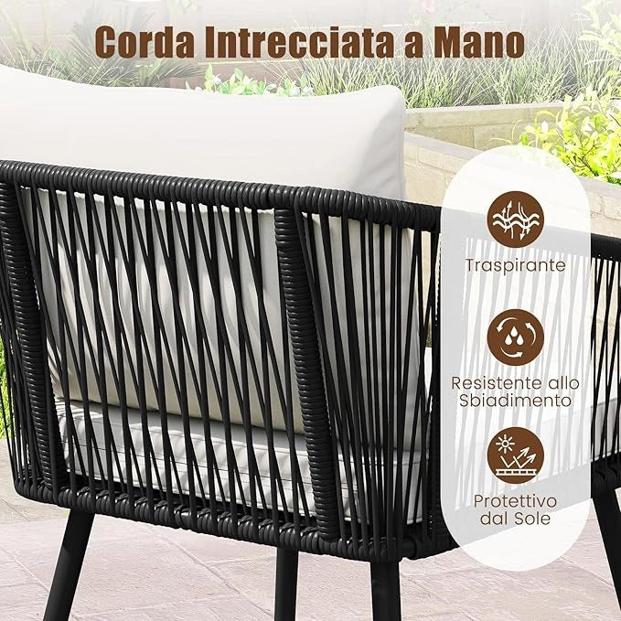Set di 4 Pezzi in Corda PE da Giardino, Set Bistrò con Divano, Tavolino in Vetro Temperato, 2 Poltrone e Cuscini, Mobili da Giardino da Esterno per Cortile e Piscina