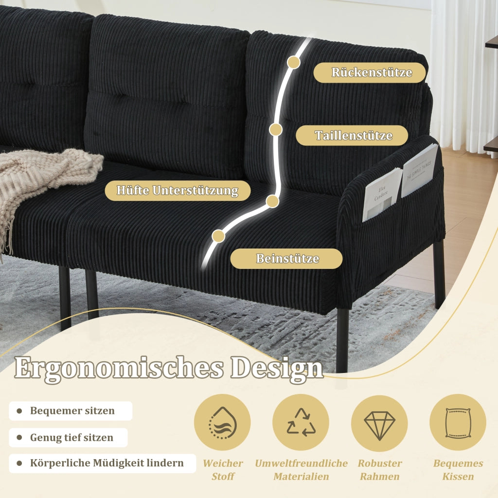 DIVANO 3 posti 171x72x80 cm in corduroy nero con tasca laterale