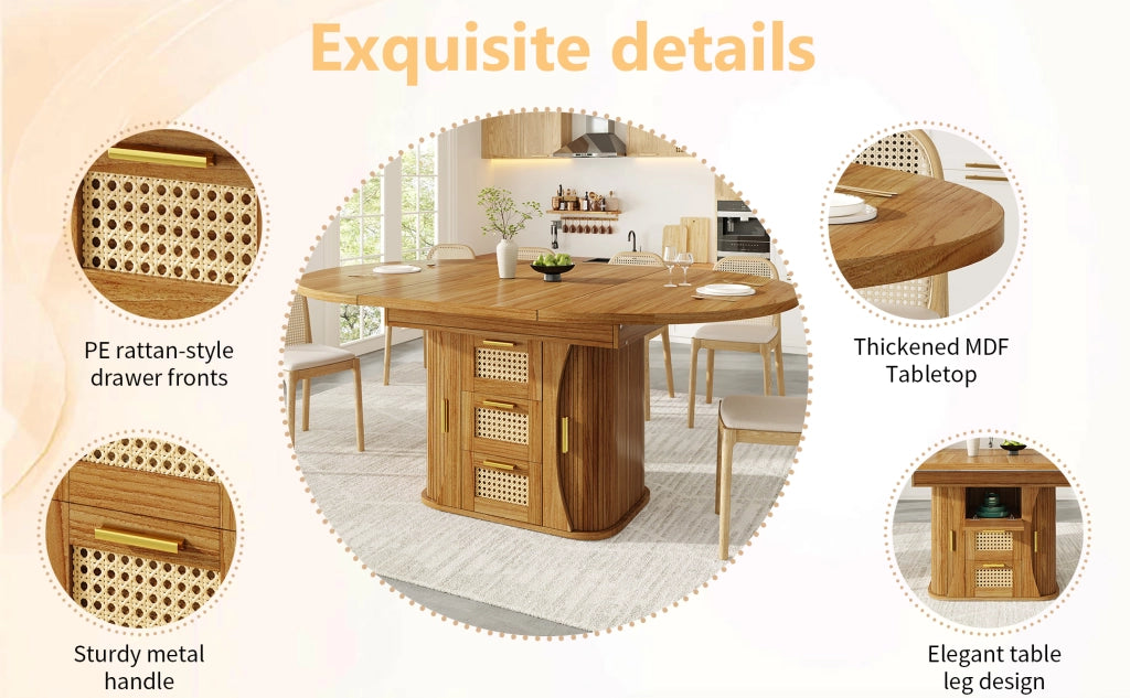 Tavolo da pranzo allungabile con cassetti in effetto rattan e spazio contenitore, per cucina e sala da pranzo, in MDF, rovere