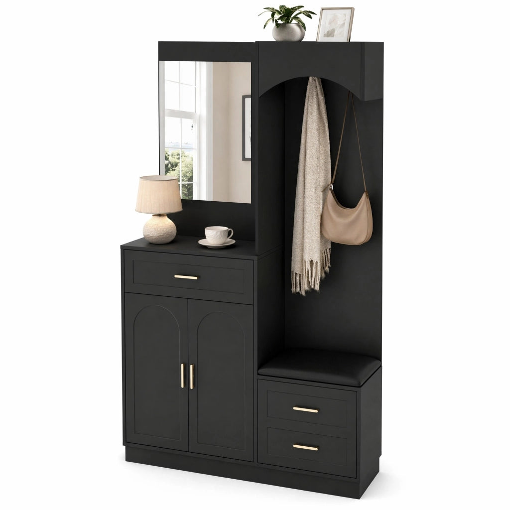 Mobile ingresso compatto 4 in 1 con specchio; scarpiera e appendiabiti; 110x33x185;5 cm; nero