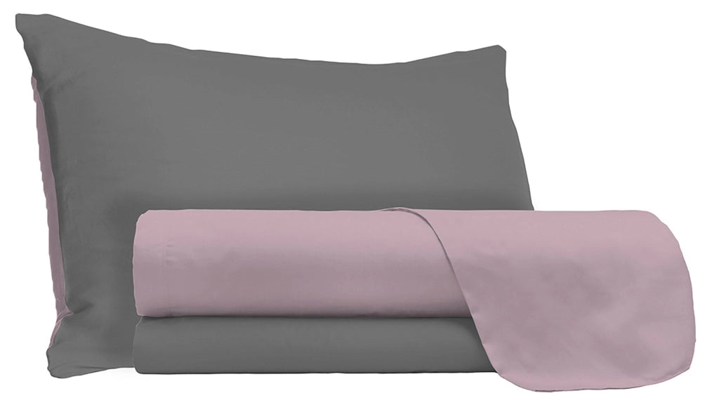 Set Lenzuola Singolo Sopra Sotto e Federe Doubleface Rosa Antico/Fumo
