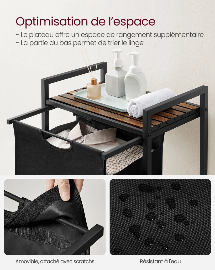 Cesto portabiancheria con 3 scomparti e 1 ripiano rimovibile per sacchetti capacità 38 l per sacchetto per bagno o lavanderia nero 12_0006765