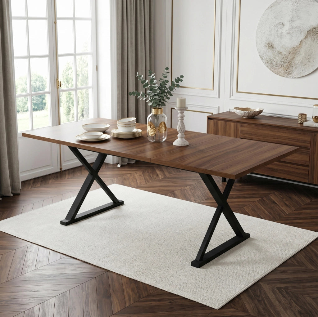 Tavolo da pranzo 180x90x75 cm in MDF con gambe in metallo a X; noce