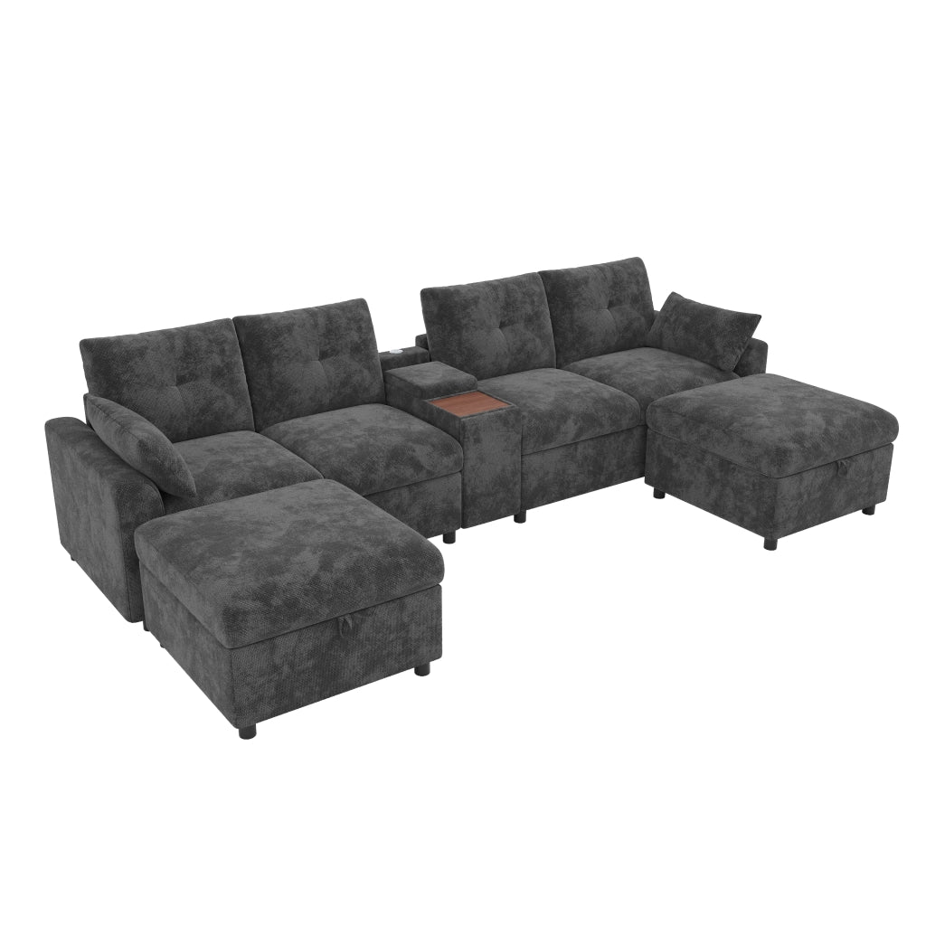 DIVANO angolare modulare 316x140 cm chenille grigio con 2 pouf contenitore e USB