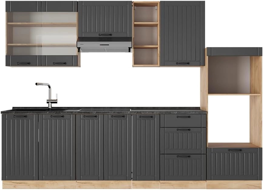 Cucina componibile Fame-Line, Grigio scuro, 280 cm senza piano di lavoro