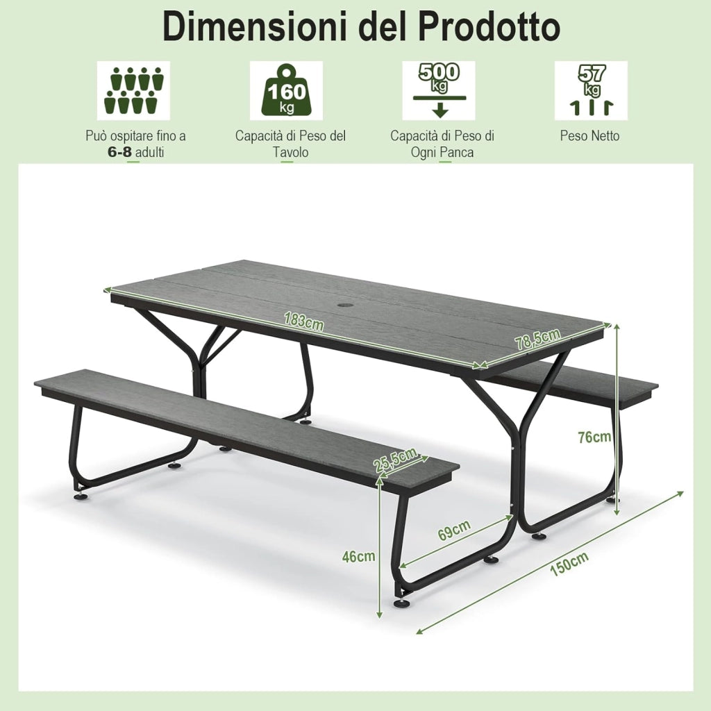 Tavolo da Pranzo 183 CM con 2 Panche per 8 Persone, Set da Picnic in Metallo e HDPE con Foro per Ombrellone, per Giardino Terrazzo (Grigio)