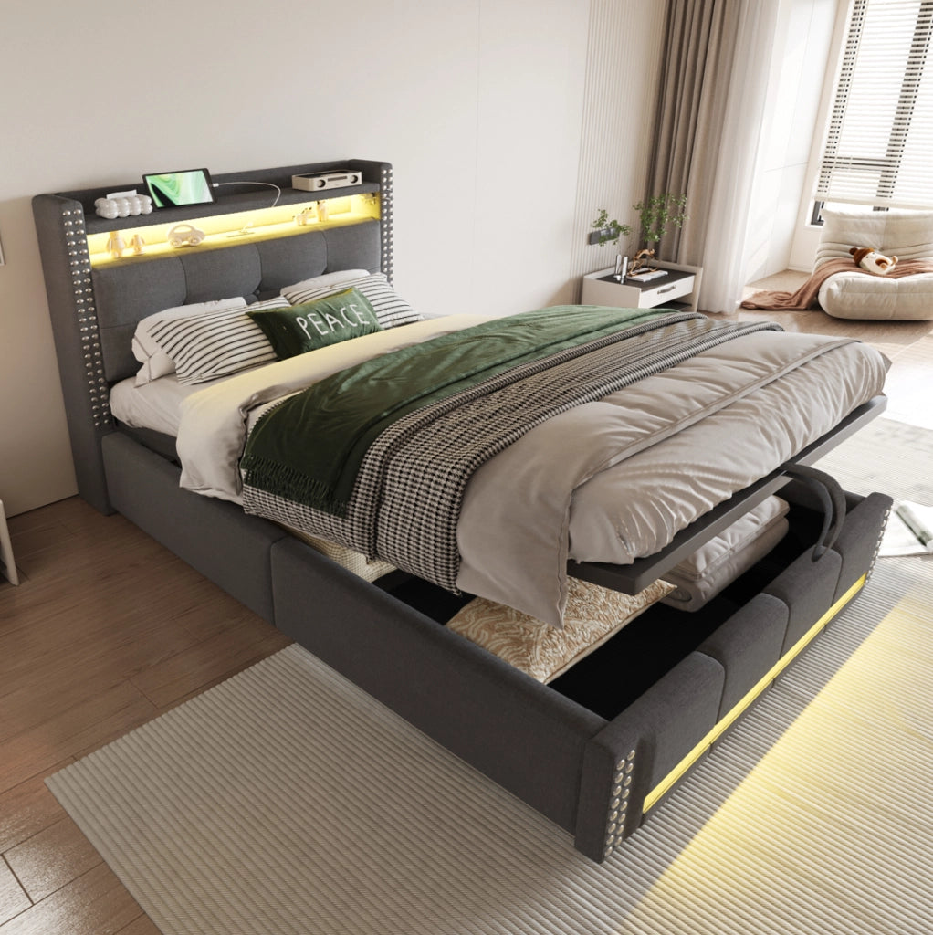 Letto imbottito singolo grigio 90 x 200 cm con LED, USB e contenitore