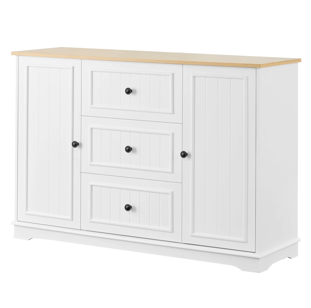 Credenza 126x40x86 cm con 3 cassetti e ripiani regolabili; MDF bianco