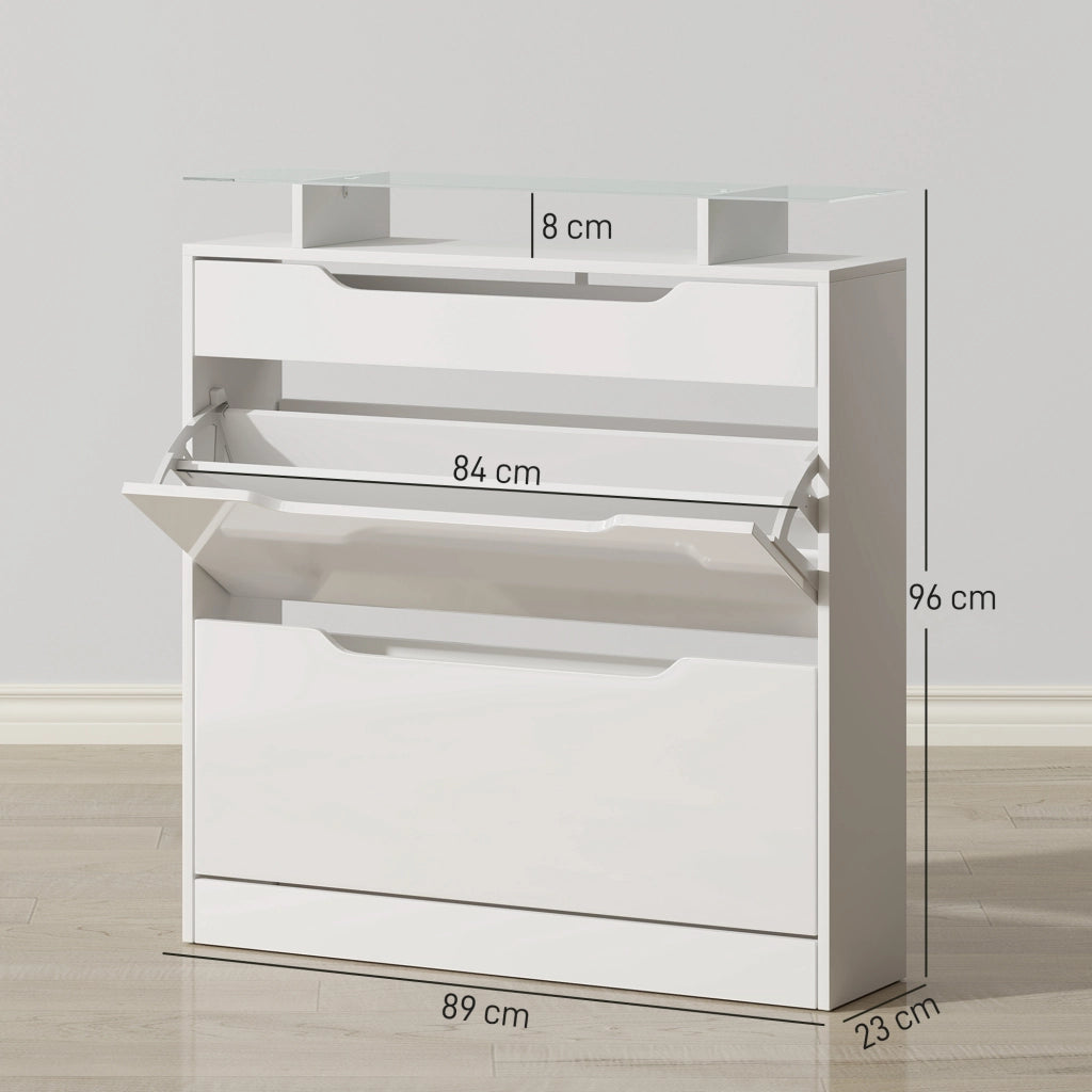 Scarpiera Salvaspazio Slim con 2 Ante a Ribalta e Cassetto. Scarpiera Ingresso in Vetro con Ripiani Regolabili su 2 Livelli. Porta Scarpe per 16 Paia con Maniglia. 89x23x96cm. Bianco Lucido