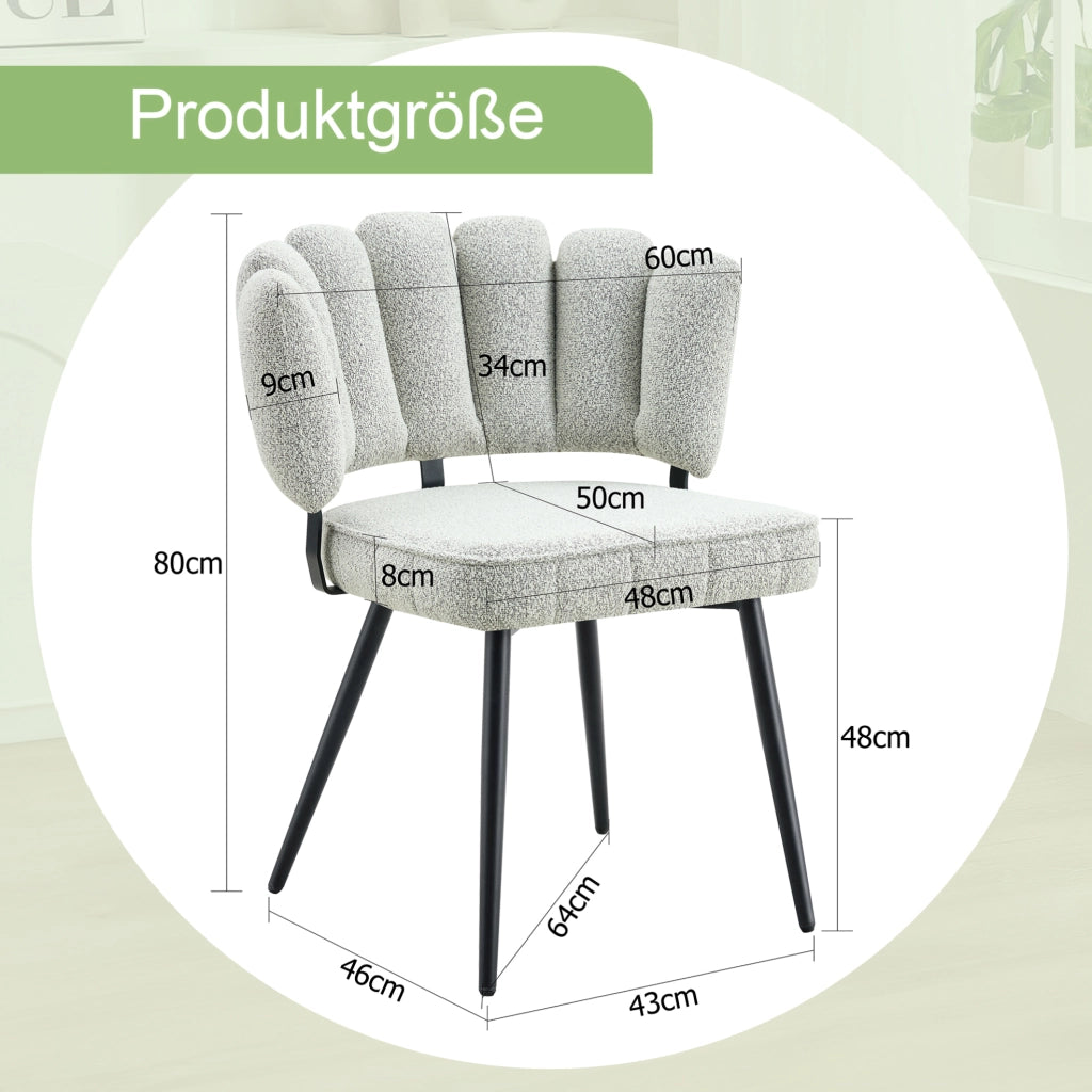 Set di 2 sedie da pranzo in velluto strutturato grigio chiaro con schienale a petalo e gambe nere; 80 cm