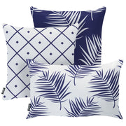 Set di 3 cuscini decorativi da esterno, accessori da giardino, motivo floreale, bianco e blu scuro motivo floreale