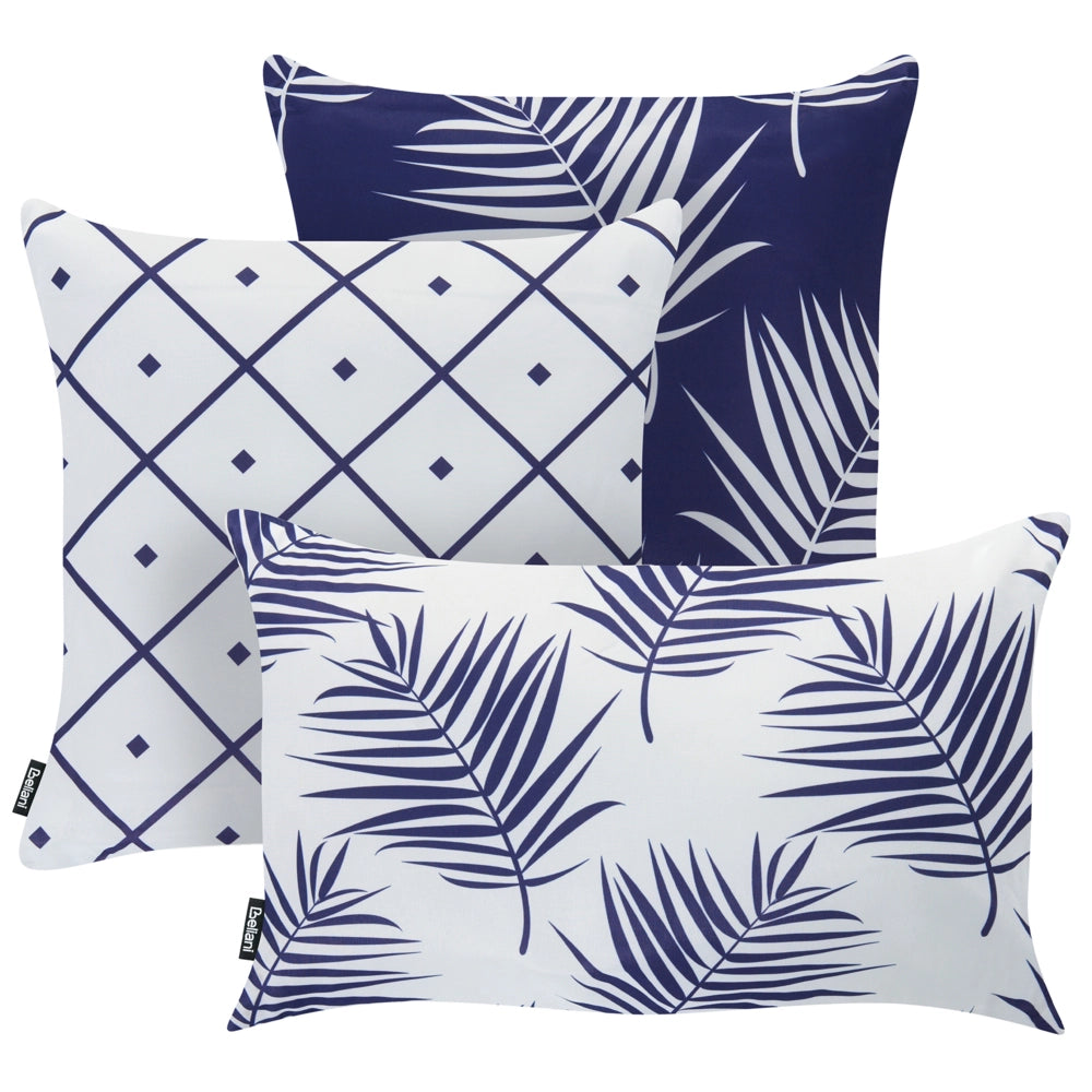 Set di 3 cuscini decorativi da esterno, accessori da giardino, motivo floreale, bianco e blu scuro motivo floreale