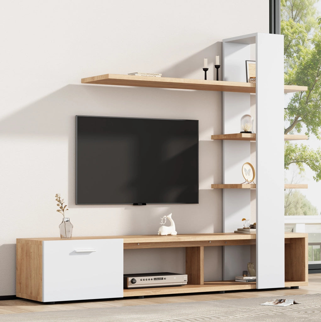 Mobile TV a parete moderno bianco e legno con vani aperti e chiusi