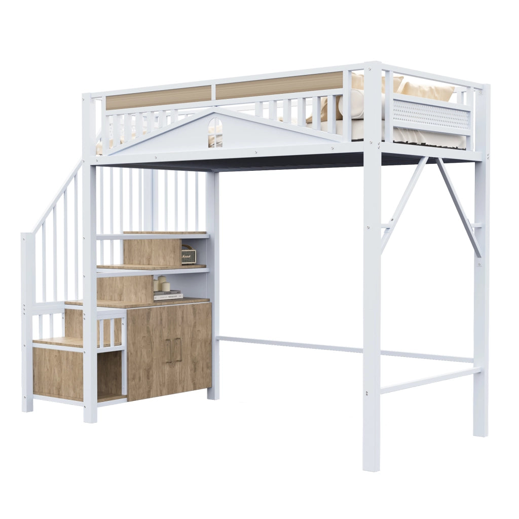 Letto a castello metallo e legno bianco con funzione contenitore 90x200 cm