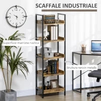 Libreria Stile Industriale a 5 Ripiani in Legno e Metallo, 48x30x155cm, Marrone Rustico