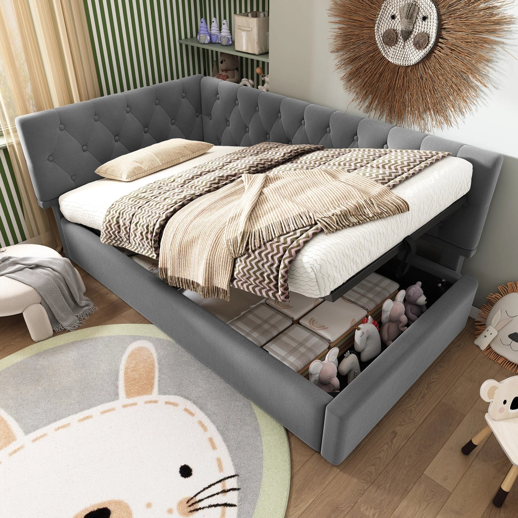 Daybed singolo – 90x200 cm – contenitore idraulico rete legno – velluto grigio