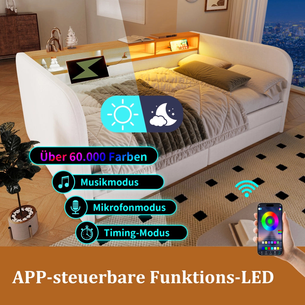 Letto combinato 140 × 190 cm con LED regolabile, USB, Type-C, 2 cassetti e testiera contenitore, senza materasso