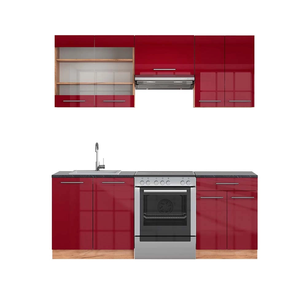 Cucina componibile Fame-Line Bordeaux lucido/Rovere dorato 200 cm, PL Antracite Vicco