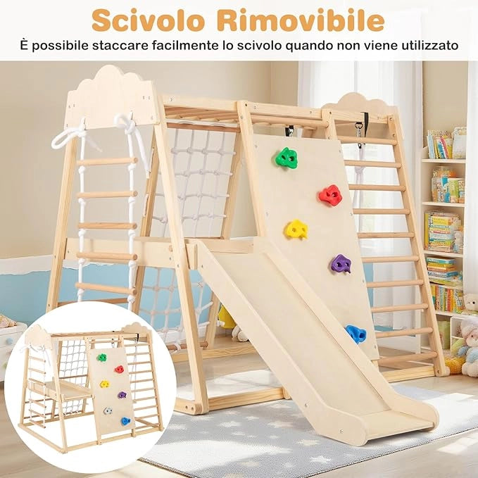 8 in 1 Set da Arrampicata per Bambini, Palestra in Legno da Interno con Sbarre Scivolo Altalena Scala in Corda e Roccia/Rete da Arrampicata, per Bambini 3 Anni+ (Naturale)