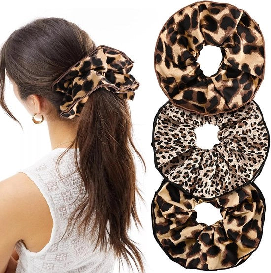 Sciarpa ad anello grande - 3 pezzi - Disegno leopardo - Realizzata in elastico - Accessori per capelli - Adatto per capelli ricci - Fascia per capelli