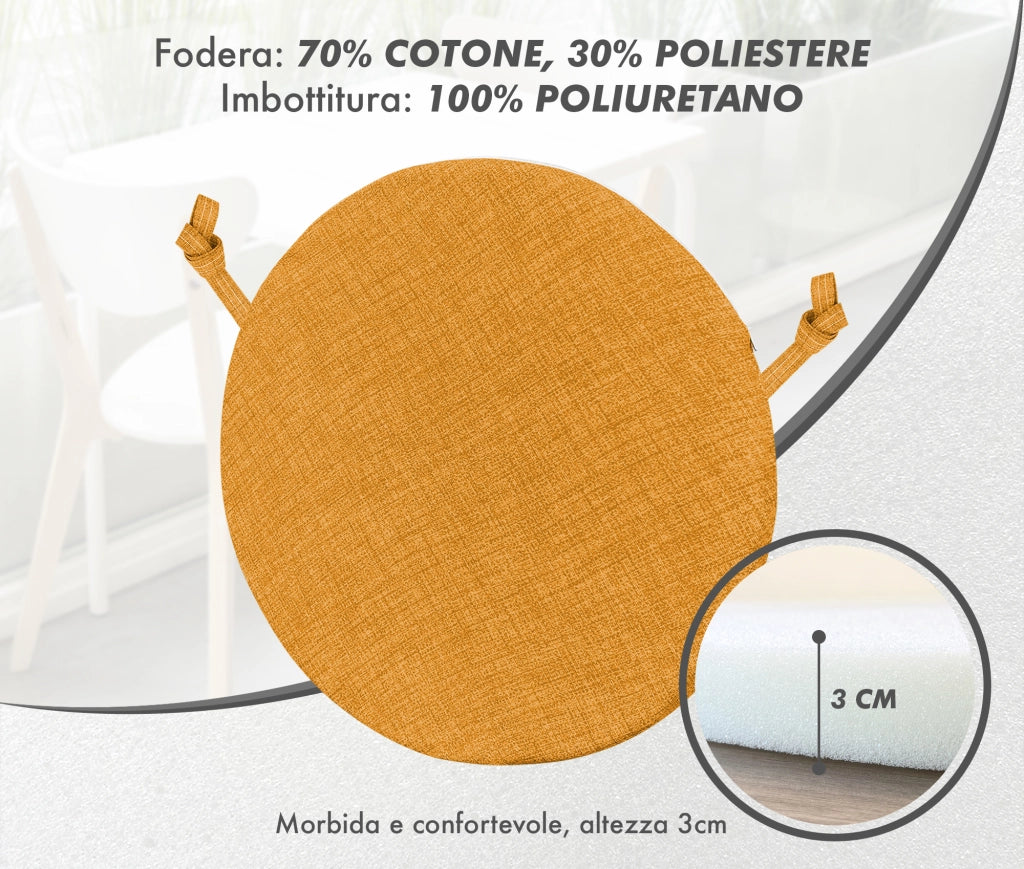 Cuscini Rotondi Per Sedie Cucina Imbottiti Sfoderabili Con Cerniera Cuscino Rotondo Ø 40 Cm Sedia Tavolo Lavabile In Lavatrice Con Lacci Per Fissaggio Prodotto Italiano Comodi 6 Pezzi - Arancione