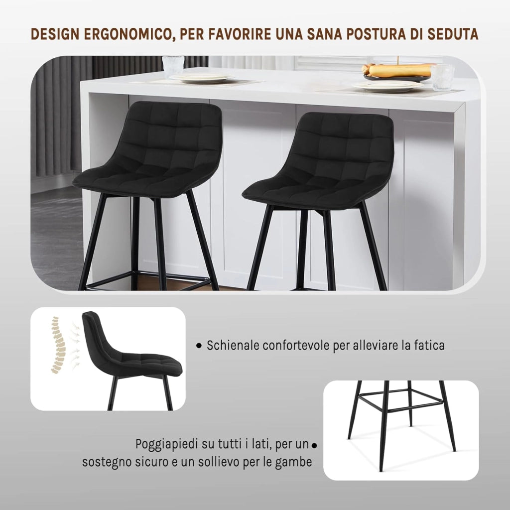 Sgabelli da Bar Stile Industriale Alta Sedia da Cucina Rivestimento in Velluto Nero Gambe in Metallo 2 Pezzi