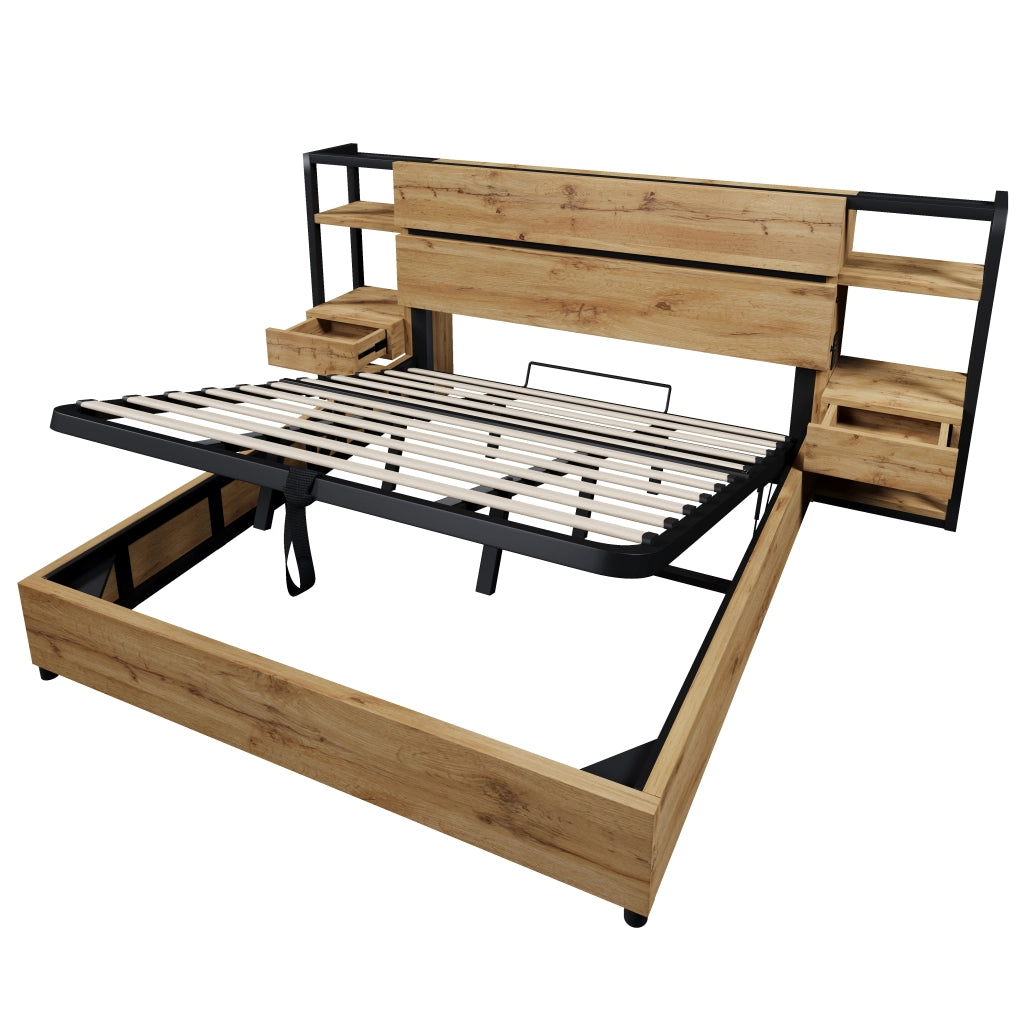OKWISH Letto contenitore 180×200 cm, Letto Matrimoniale con Vano Contenitore, 2 Cassetti, USB, Tipo C e Testiera con VanI, senza Materasso, Rovere