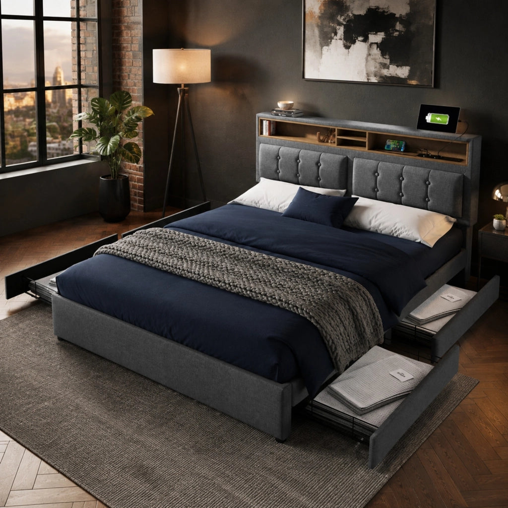 Letto matrimoniale 140x200 in lino grigio con 4 cassetti, USB/Type-C, testiera regolabile, senza materasso
