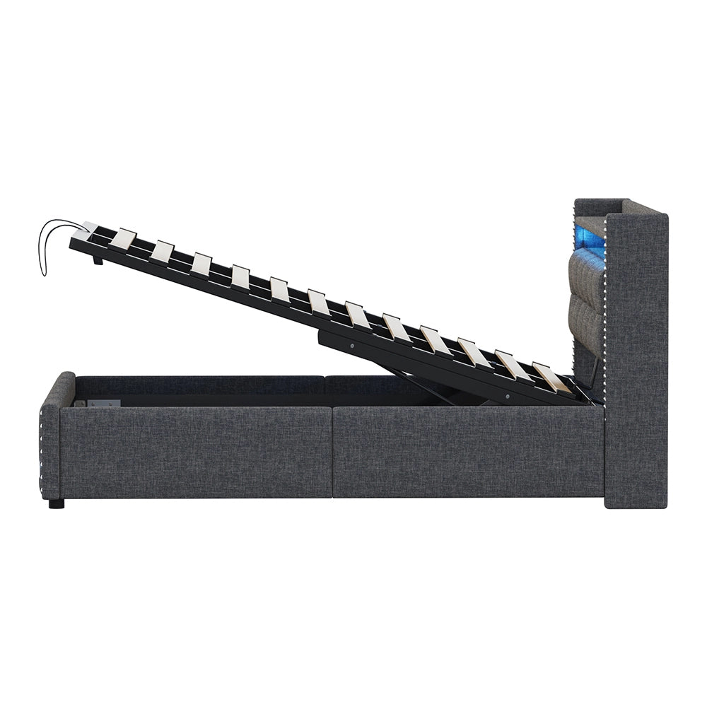 Letto imbottito con cassone - Xylo - 140x200cm - Grigio - Illuminazione LED e presa USB