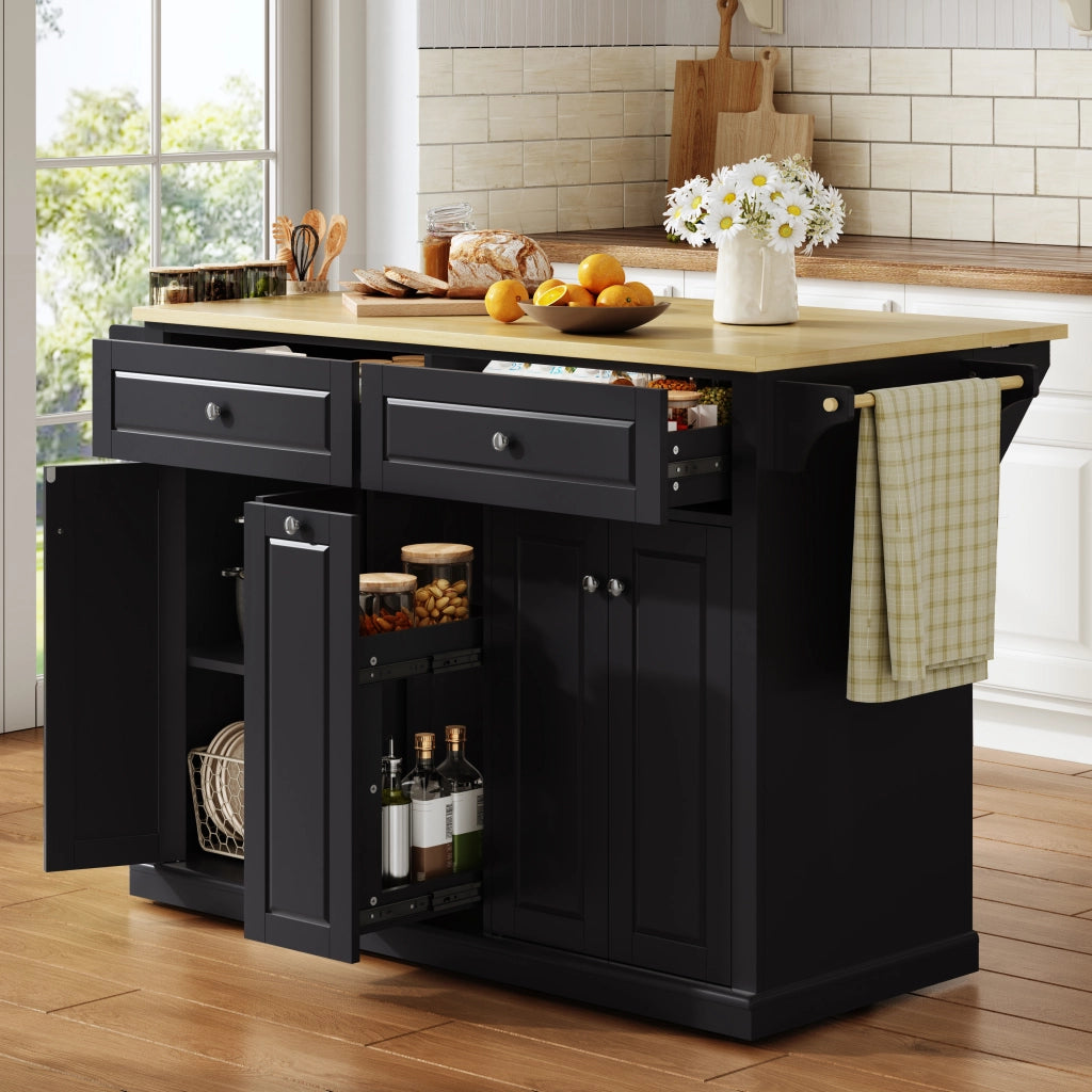 Isola Cucina Mobile 121x49/69x89 cm Nero e Legno con Piano Ribaltabile, 2 Cassetti e Ruote