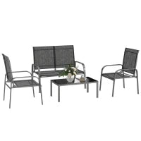 Set da Esterno 4pz con Tavolino, 2 Sedie e Divanetto con Schienale Regolabile, in Acciaio e Textilene Nero