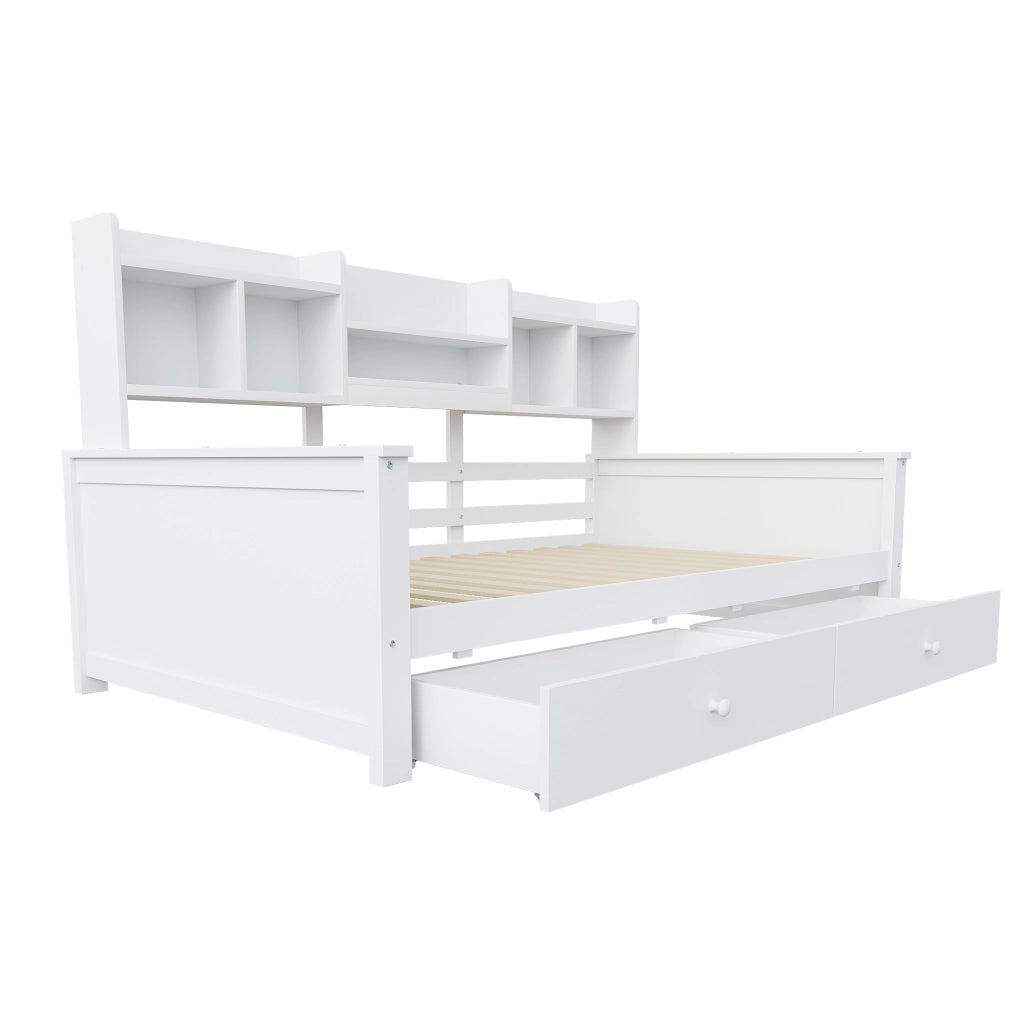 Divano letto singolo con 2 cassetti e vani portaoggetti in legno bianco per bambini e ragazzi 90 × 200 cm