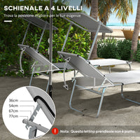 Set 2 Sdraio da Giardino 187x58x36 cm Pieghevoli con Tettuccio Regolabile in Tessuto Oxford e Metallo Grigio Chiaro