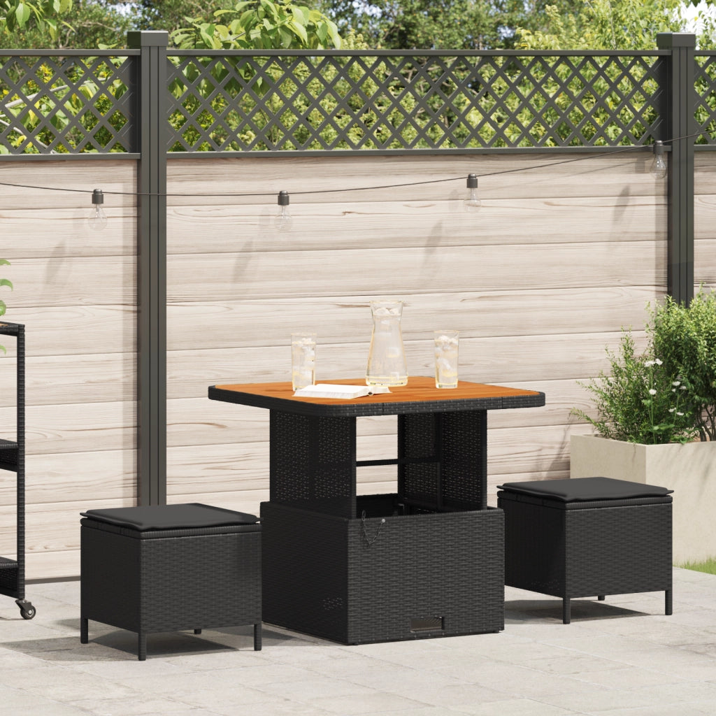 Set da Pranzo da Giardino in 3 Pezzi con Cuscini Nero in Rattan Sintetico e Acacia