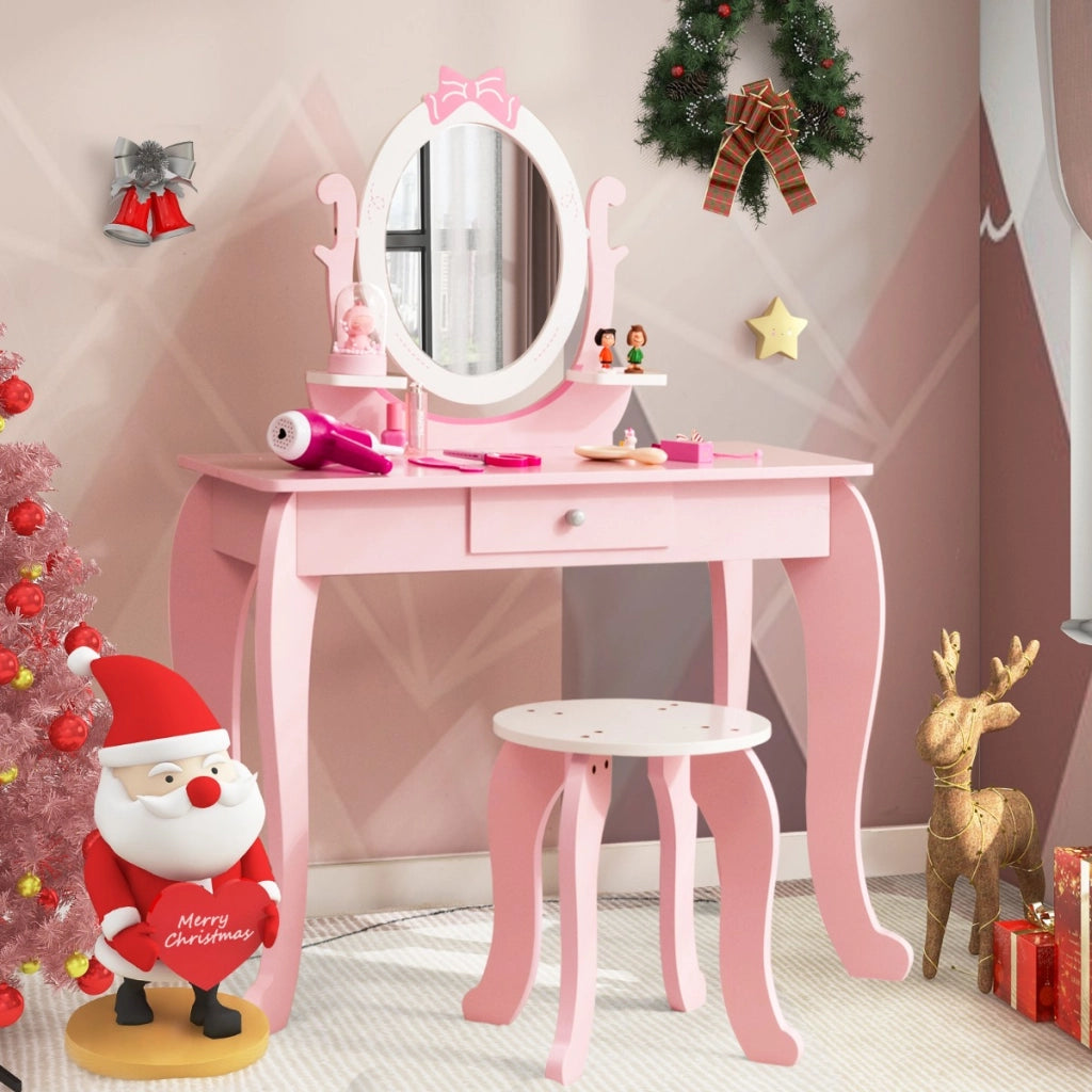 Set toeletta con specchio per bambini 3-7 anni, Tavolo con cassetti e sgabello imbottito 70x34x101cm Rosa-Toelette per bimbi