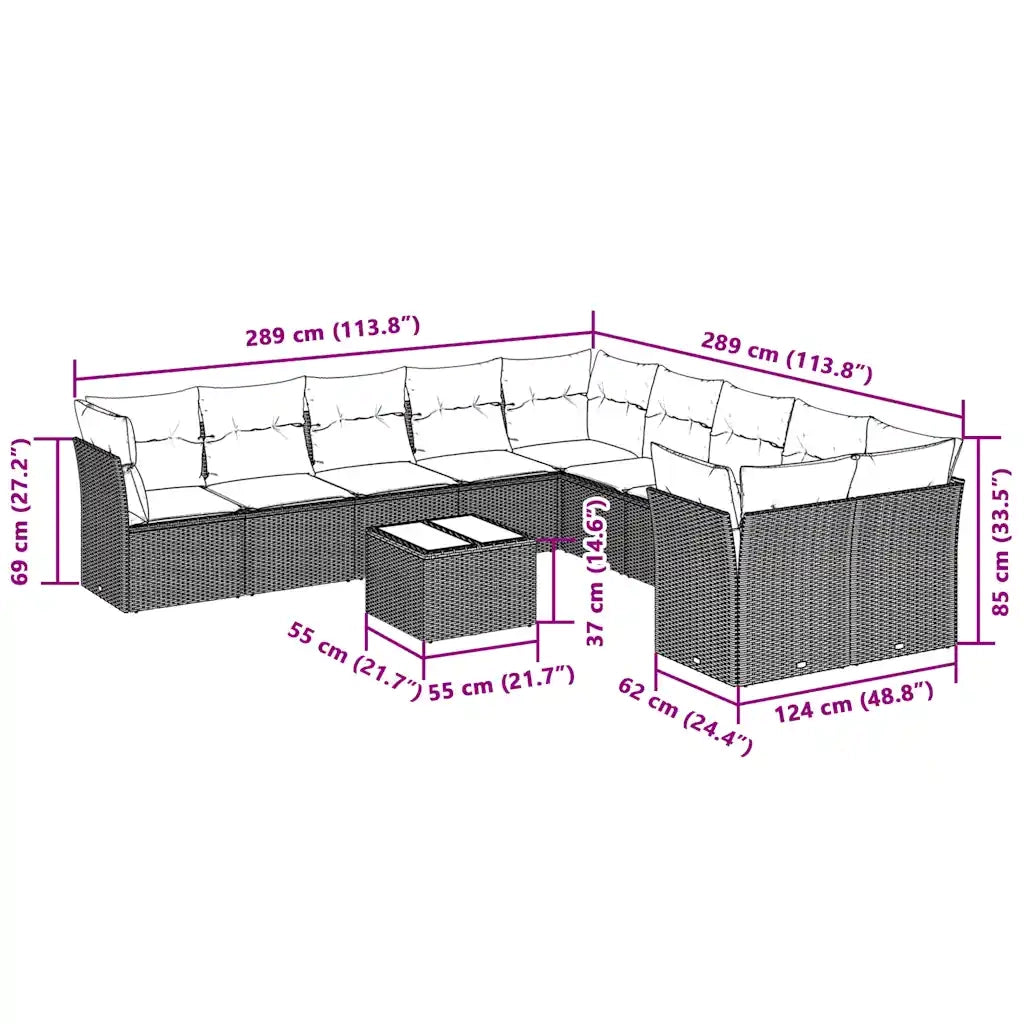 Set Divani da Giardino 11 pz con Cuscini in Polyrattan Grigio