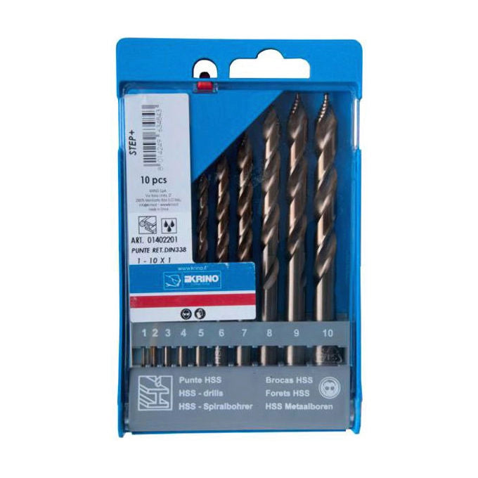 KRINO ASS10PUNTERETTSTEP110 Set di punte elicoidali HSS-G completamente rettificate con geometria a gradini 10 pezzi diametro 1-10 mm con incremento da 1 mm colore Nero