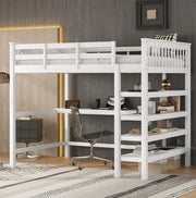 Letto a soppalco 140x200 cm bianco con scrivania e ripiani, legno di pino e MDF