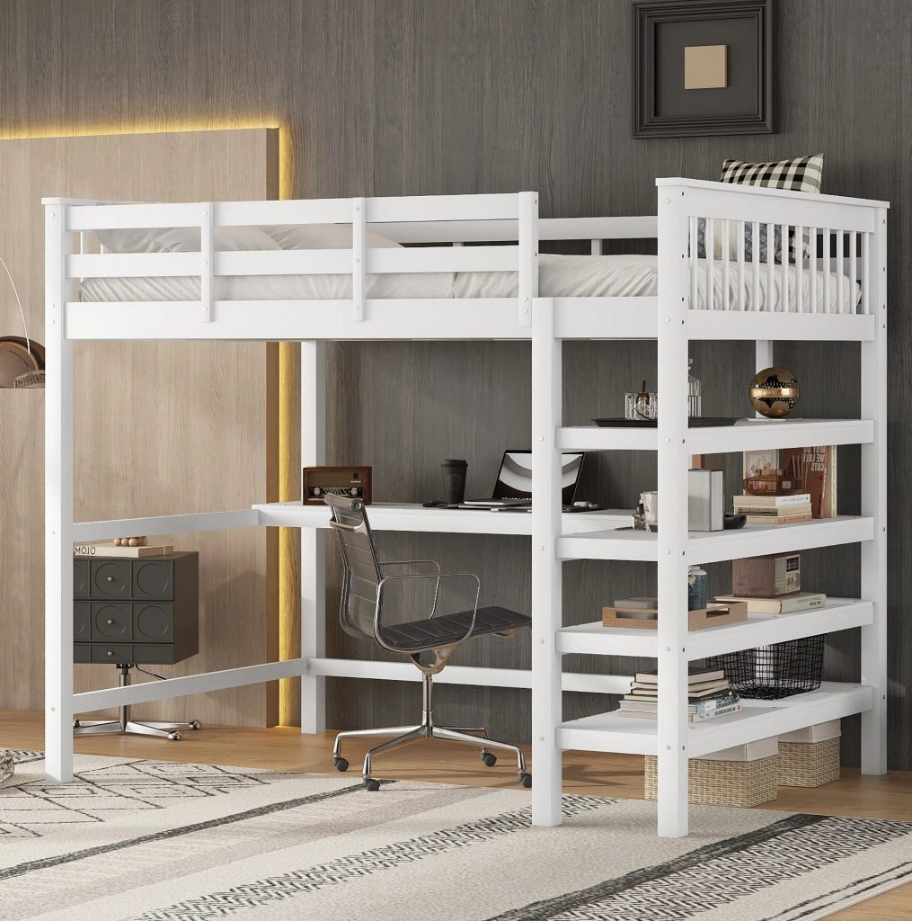 Letto a soppalco 140x200 cm bianco con scrivania e ripiani, legno di pino e MDF