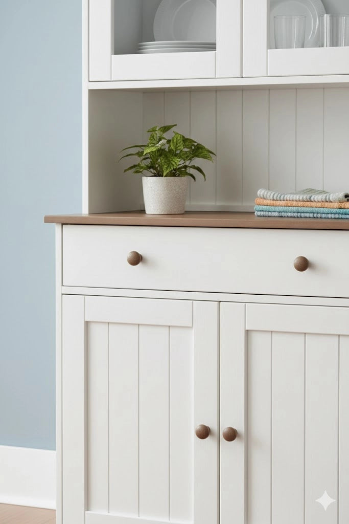MOBILE SOGGIORNO CREDENZA WESTERLAND 4ANTE+2CASSETTI 90x45x181H PINO MASSELLO VERNICIATO A ACQUA BIANCO + TOP E FINITURE MARRONE
