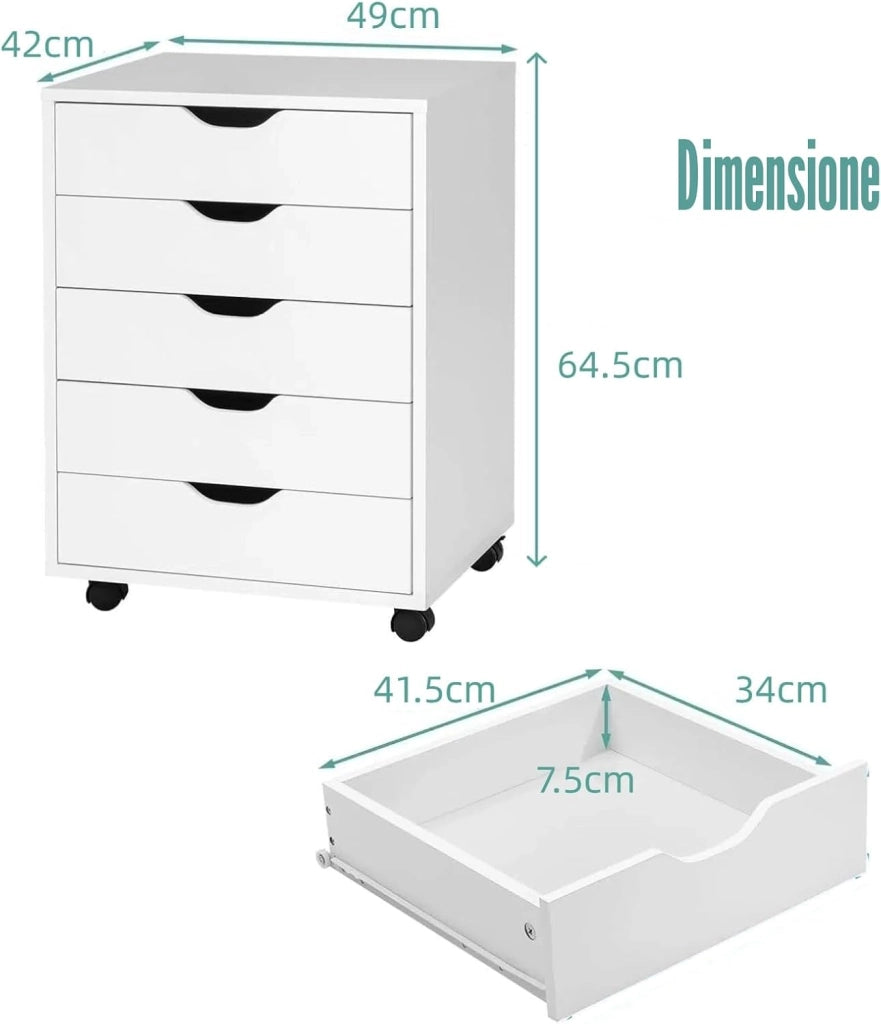 Cassettiera Ufficio con 5 Cassetti, Cassettiera Scrivania con Ruote Universali, Schedario Portadocumenti in Legno per Soggiorno, Camera da Letto, Studio, 49 x 42 x 66 cm (Bianco)